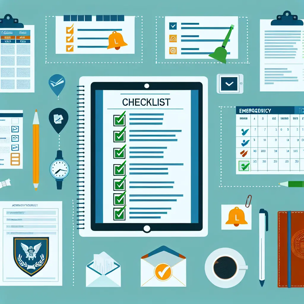 Kit d'outils administratifs avec checklist imprimée, calendrier mural, et ordinateur portable affichant un tableau de bord de suivi