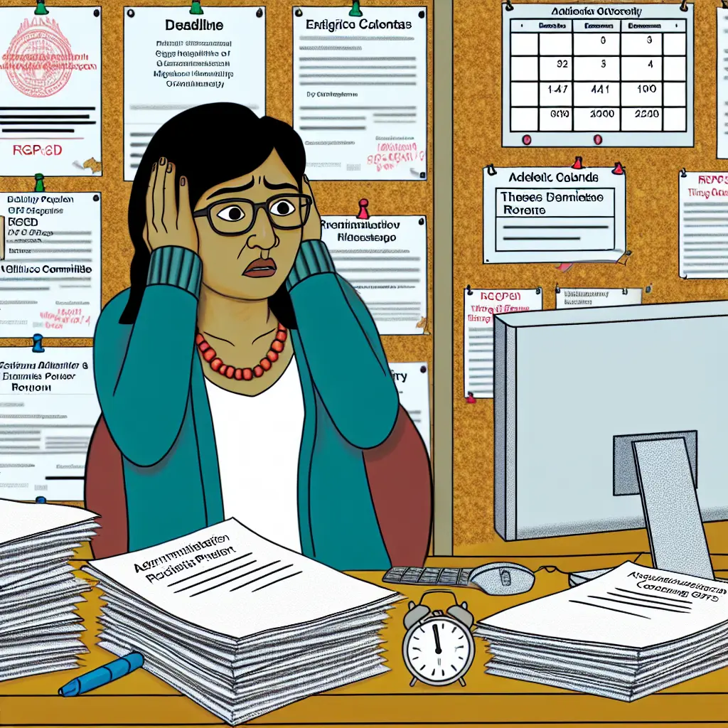 Étudiant doctoral stressé face à une pile de documents administratifs sur son bureau, avec des délais dépassés marqués en rouge