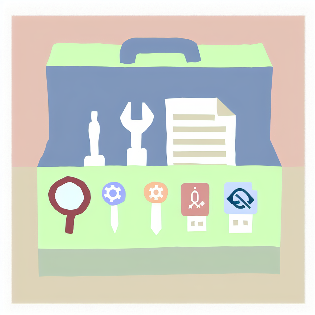 Dessin enfantin d'une petite boîte à outils ouverte, avec des outils symbolisant la littérature scientifique : loupes, documents marqués DOI/PMID, une clé USB avec logo OSF, un carnet GitHub. Dessin clair, couleurs douces.