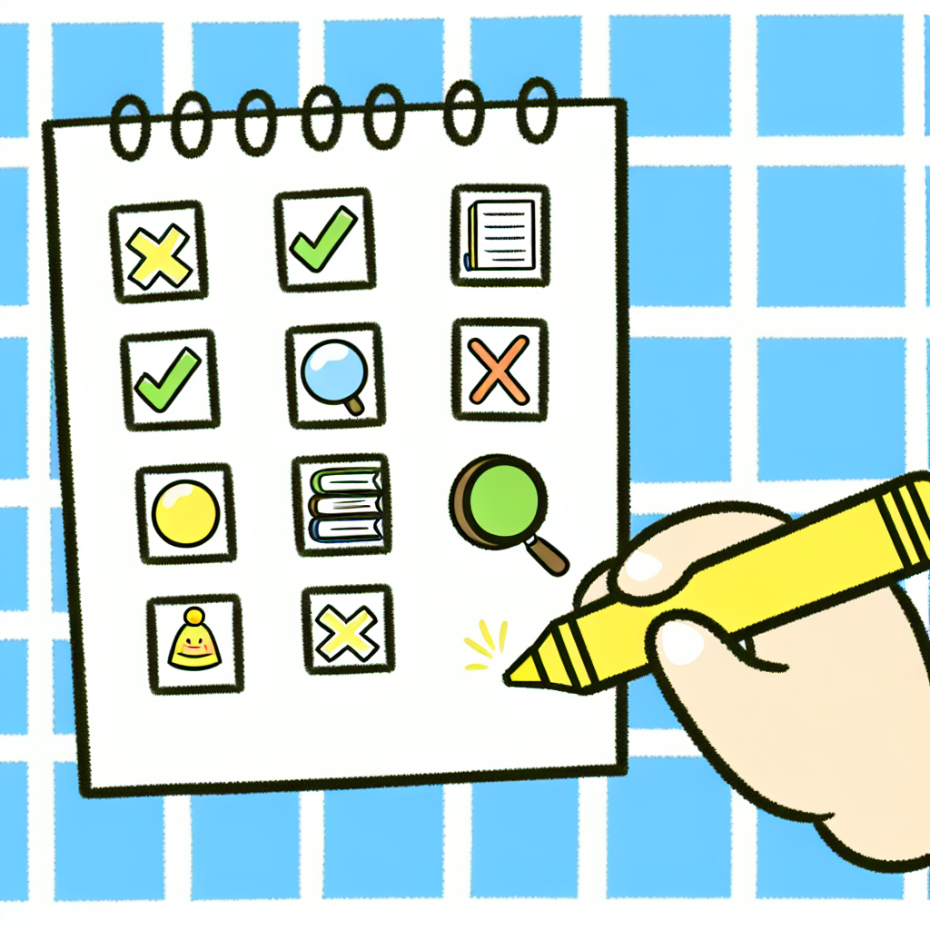 Checklist illustrée façon enfantine, papier à carreaux, une main qui coche avec un grand crayon jaune, cases : méthode, sources, exclusion, reproductibilité. Icônes simples et souriantes.