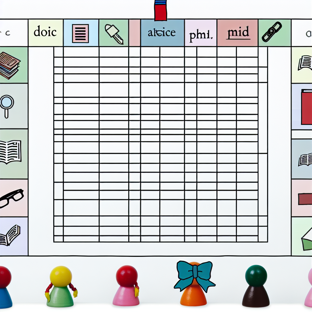 Matrice de sources simple, style tableau d'école : un tableau blanc avec des cases remplies de petites icônes d'articles ou de lunettes et des libellés colorés \