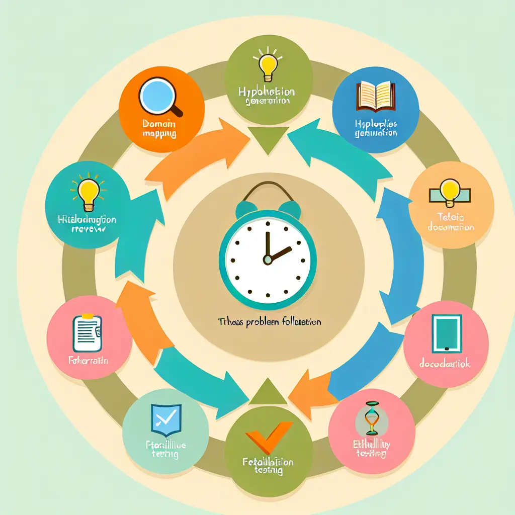 Diagramme circulaire montrant six étapes interconnectées du processus de formulation de problématique assistée par IA