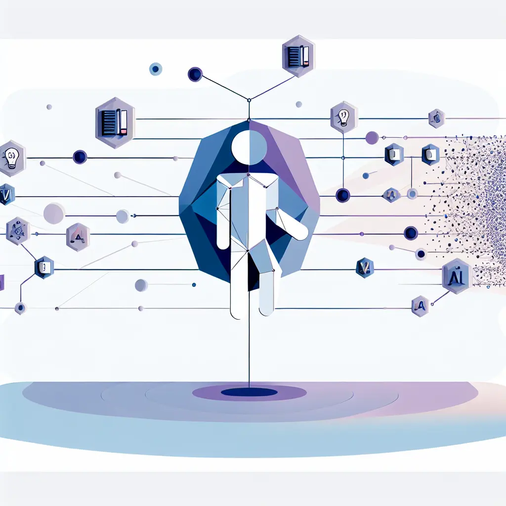 Chercheur humain collaborant avec intelligence artificielle représentée comme réseau interconnecté