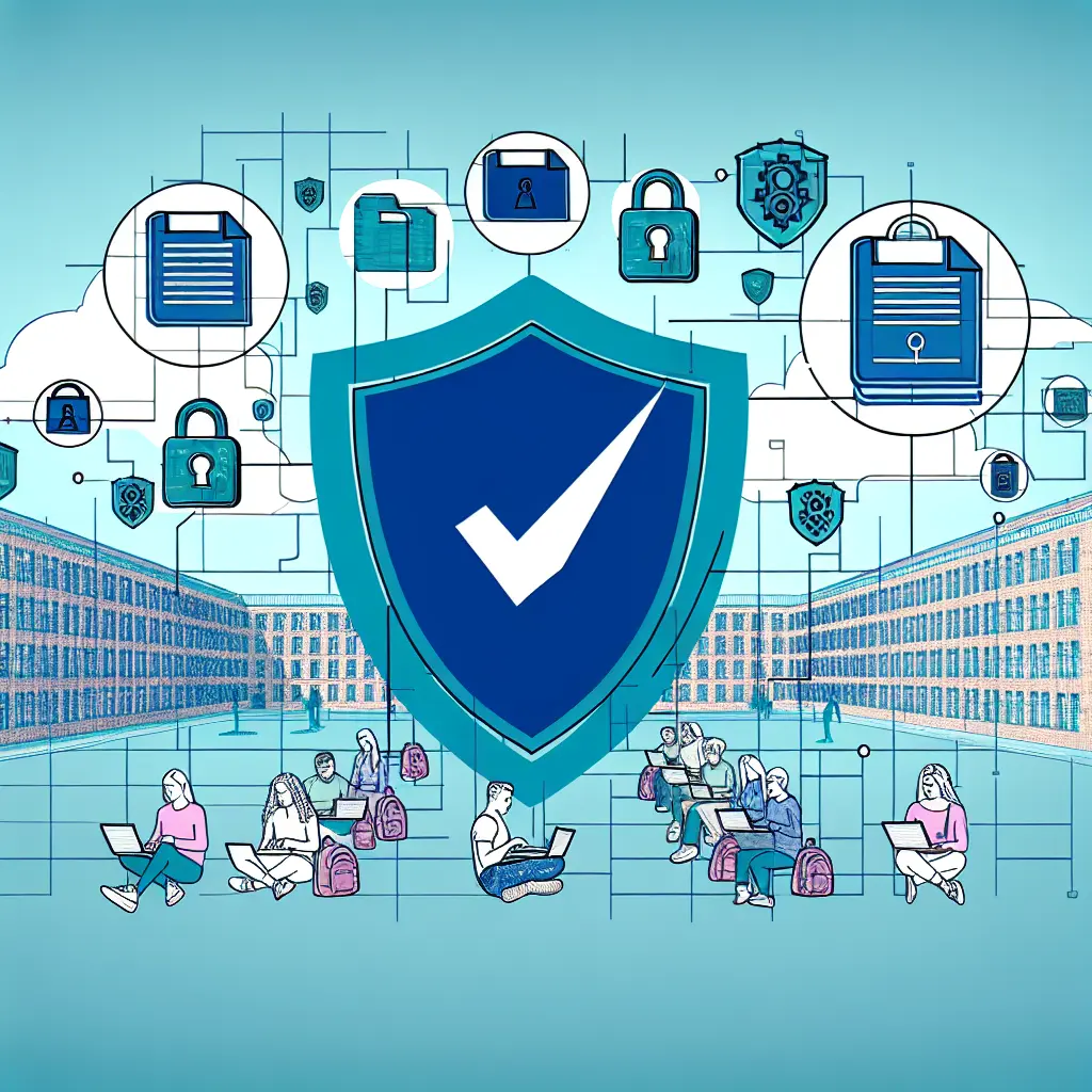 Université moderne avec symboles RGPD représentant la protection des données dans un environnement académique