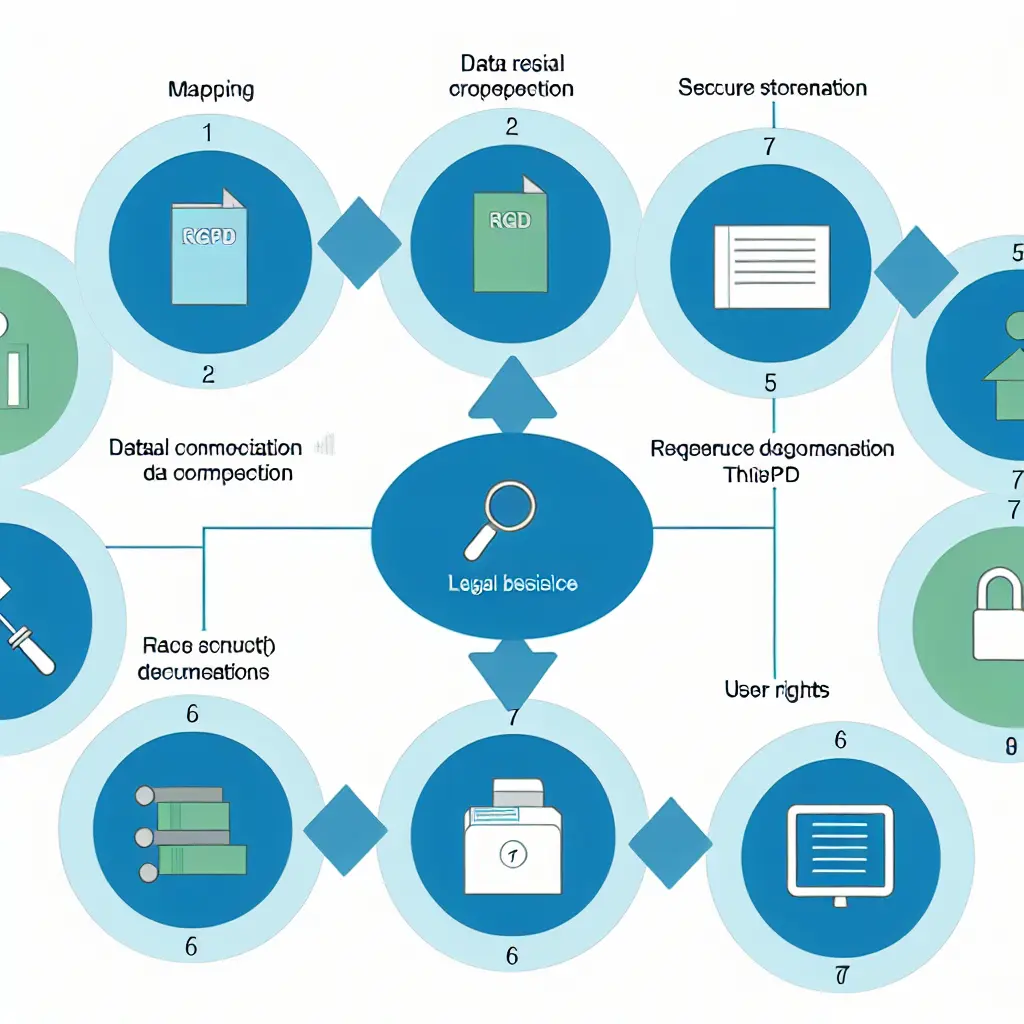 Infographie présentant les 7 étapes clés de la conformité RGPD sous forme de workflow visuel