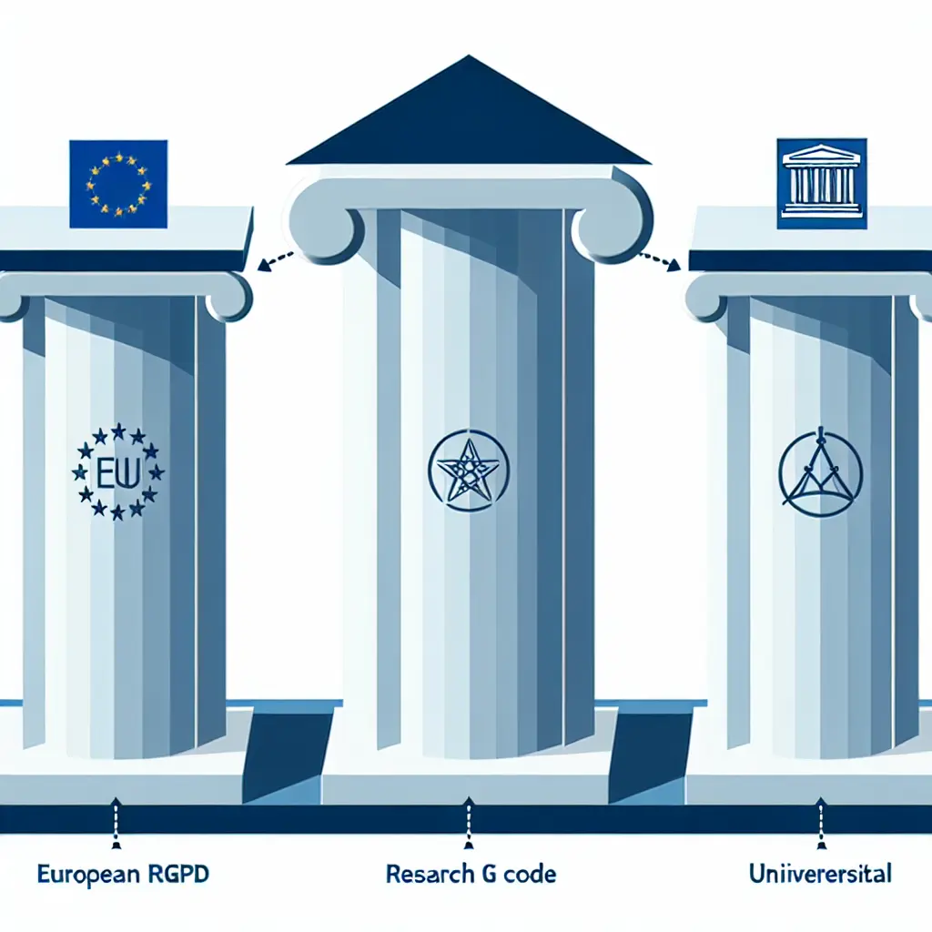 Diagramme illustrant l'interaction entre les trois piliers réglementaires : RGPD, Code de la recherche et chartes universitaires