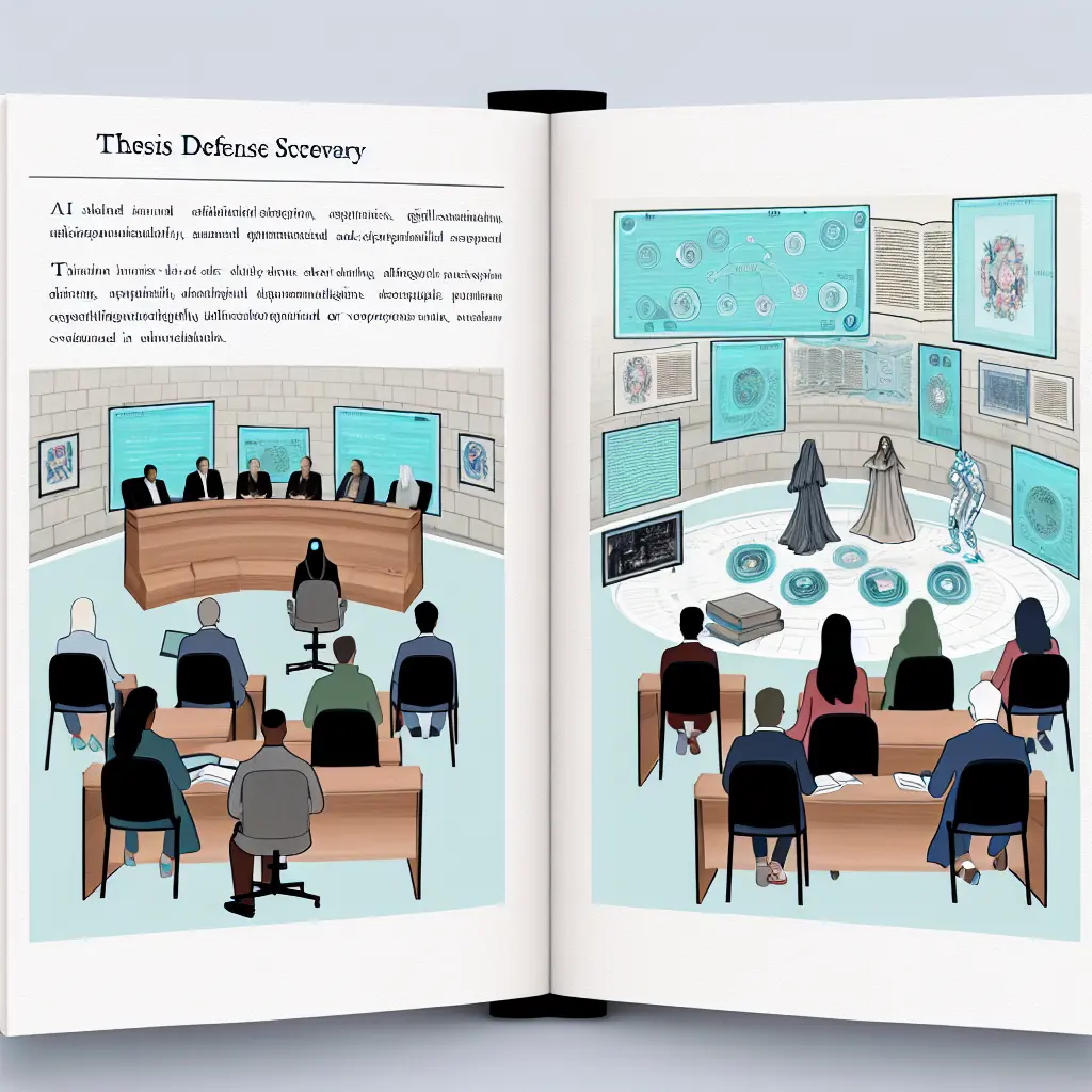 Vision futuriste d'une soutenance de thèse avec des éléments technologiques avancés et une approche hybride