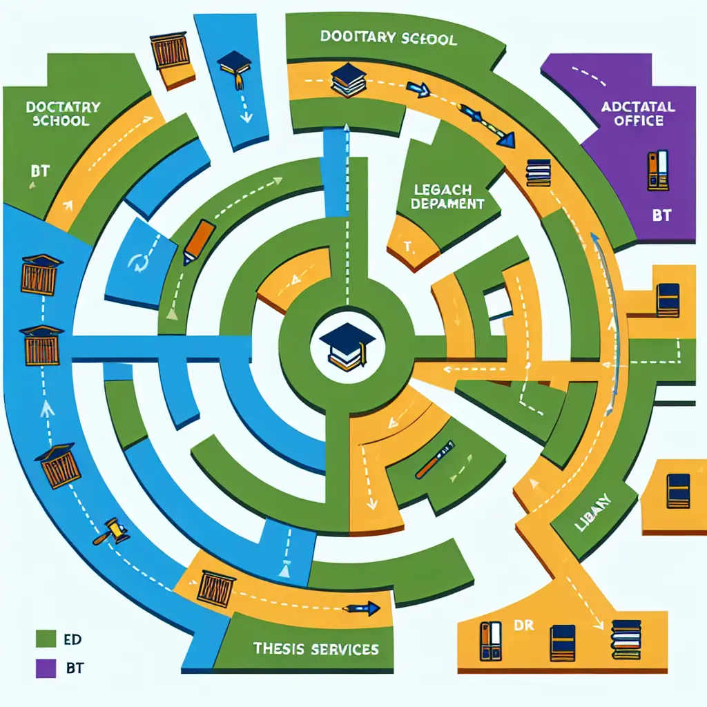 Schéma représentant un labyrinthe avec différents bureaux administratifs universitaires connectés par des flèches complexes