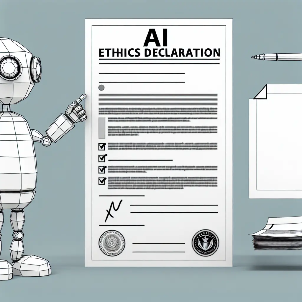 Formulaire officiel de déclaration éthique IA avec un robot stylisé et des documents administratifs empilés