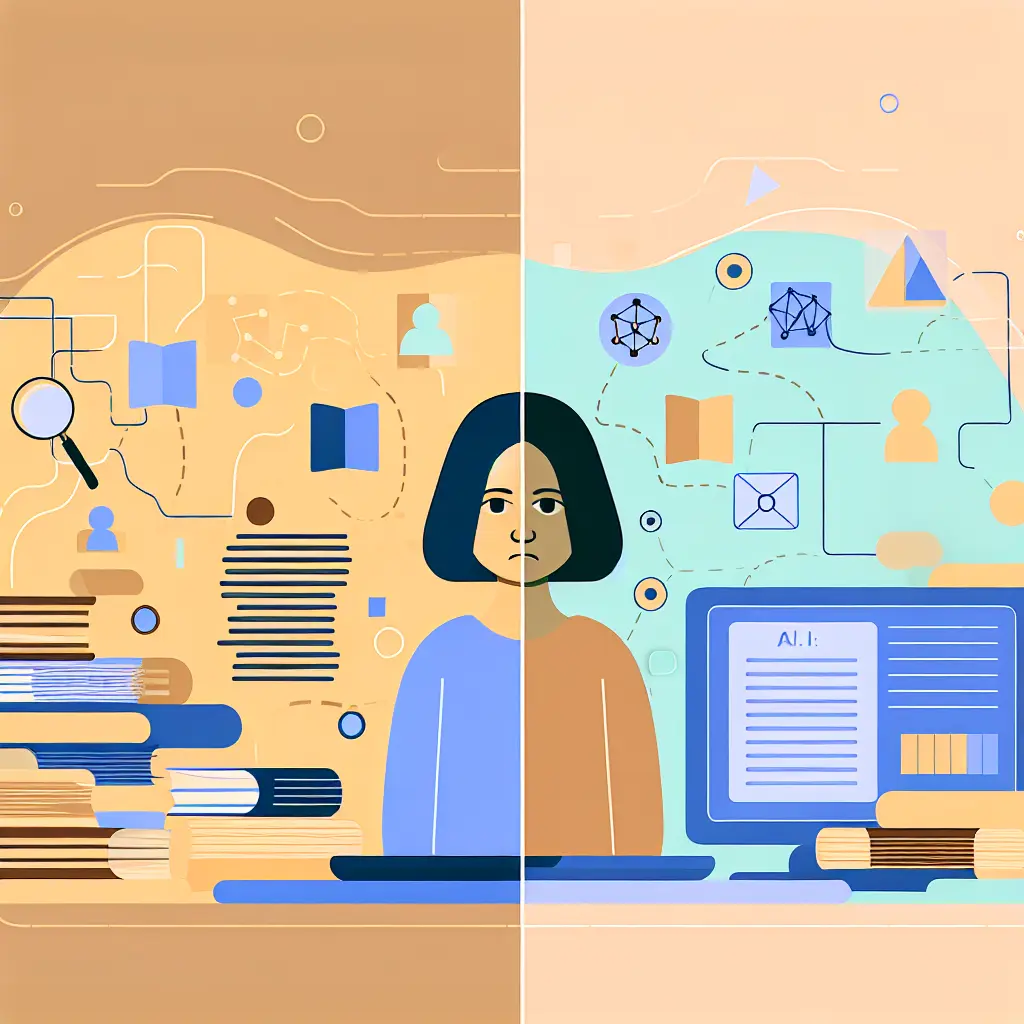 Comparaison visuelle entre recherche bibliographique traditionnelle et assistée par IA, montrant le gain de temps et d'efficacité