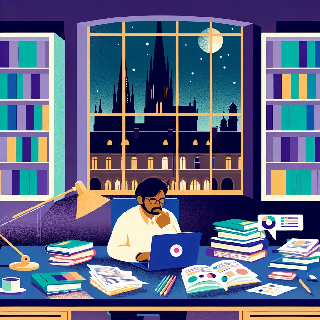 Un doctorant travaillant tard le soir dans une bibliothèque universitaire, entouré de livres et face à son ordinateur affichant des éléments d'interface IA