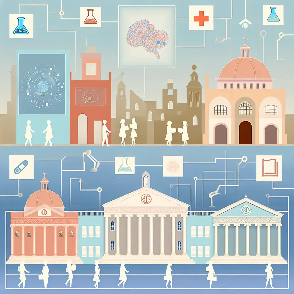 Représentation visuelle de la diversité des écoles doctorales de l'Université de Strasbourg avec différents bâtiments symbolisant les disciplines