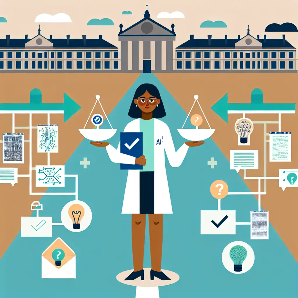 Représentation visuelle de l'éthique et de la transparence dans l'usage de l'IA pour la recherche doctorale, avec un étudiant à un carrefour de décisions