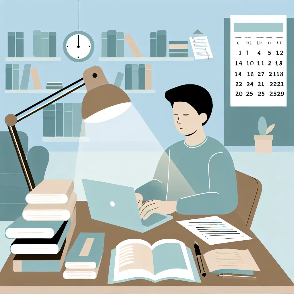 Étudiant concentré travaillant sur son mémoire universitaire dans un espace organisé