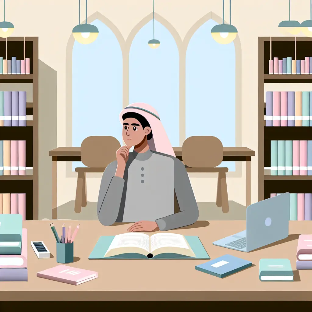 Étudiant concentré dans une bibliothèque universitaire, entouré de livres et d'un ordinateur portable