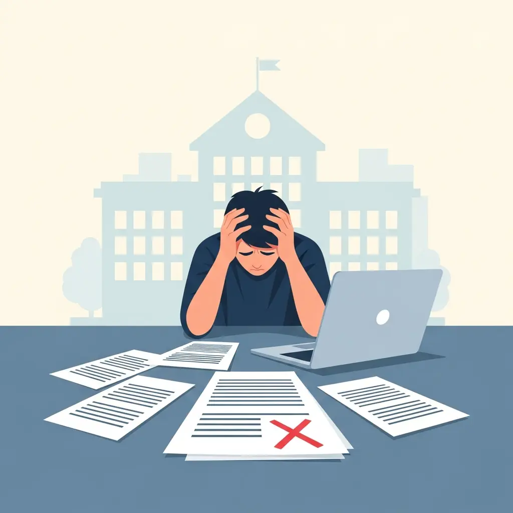 Étudiant universitaire stressé face à son dossier académique compromis