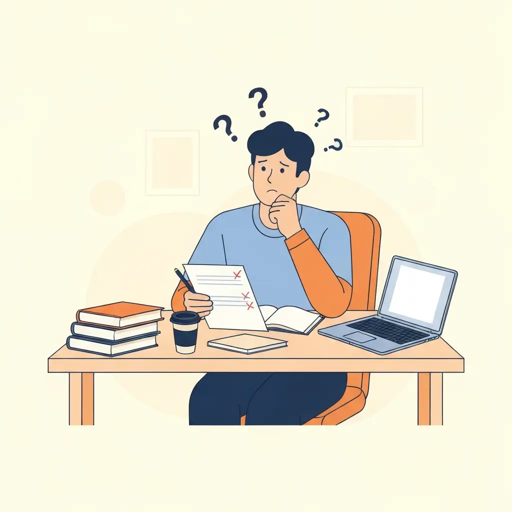 Étudiant perplexe face à une copie annotée de rouge