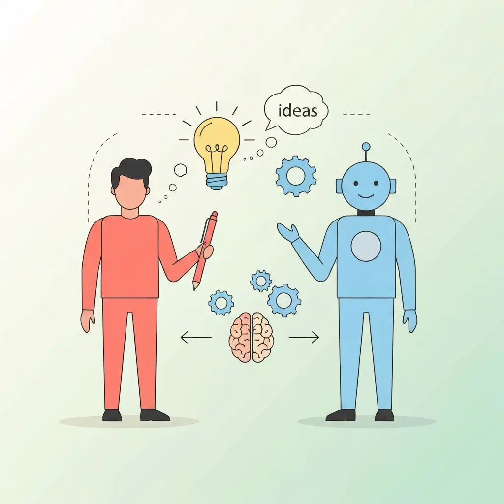 Illustration d'un humain et d'une IA travaillant ensemble comme partenaires intellectuels