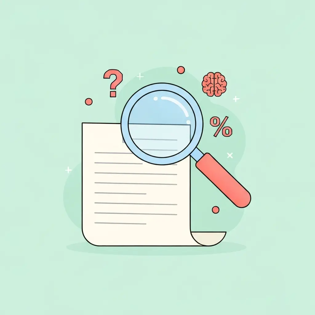 Illustration montrant une loupe analysant un document académique avec des symboles de pourcentage et d'intelligence artificielle