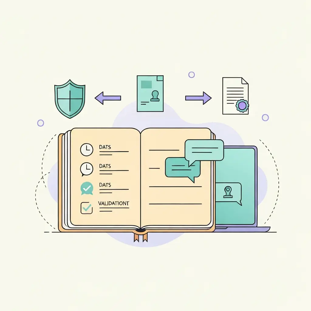 Illustration d'un journal de bord IA avec icônes de dates, prompts et validations