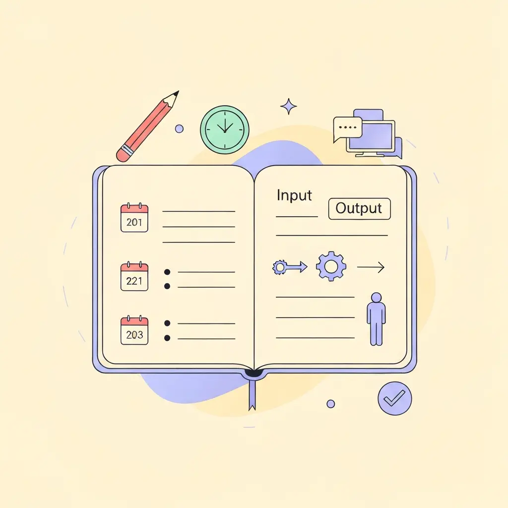 Illustration d'un journal de bord IA pour la recherche académique avec des entrées datées et un processus de documentation