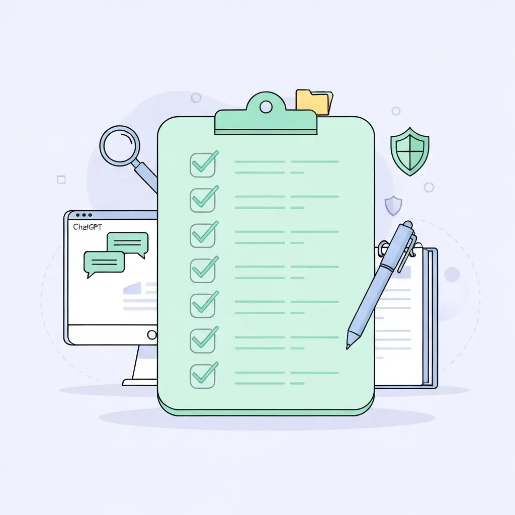 Checklist de documentation de l'usage de l'IA : clipboard avec liste de vérification, interface de chat IA et carnet de notes