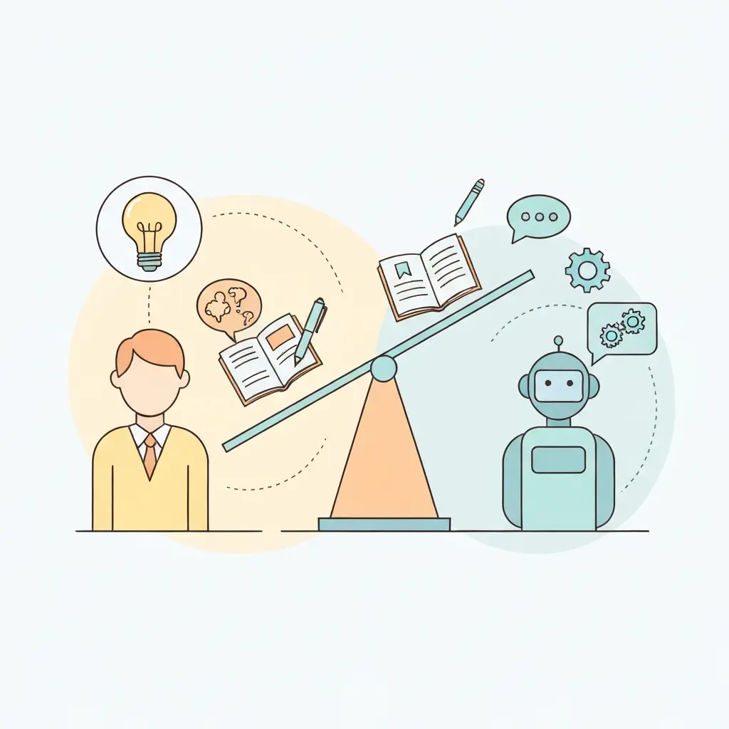 Balance illustrant l'équilibre idéal entre réflexion humaine (80%) et assistance IA (20%) dans le travail académique