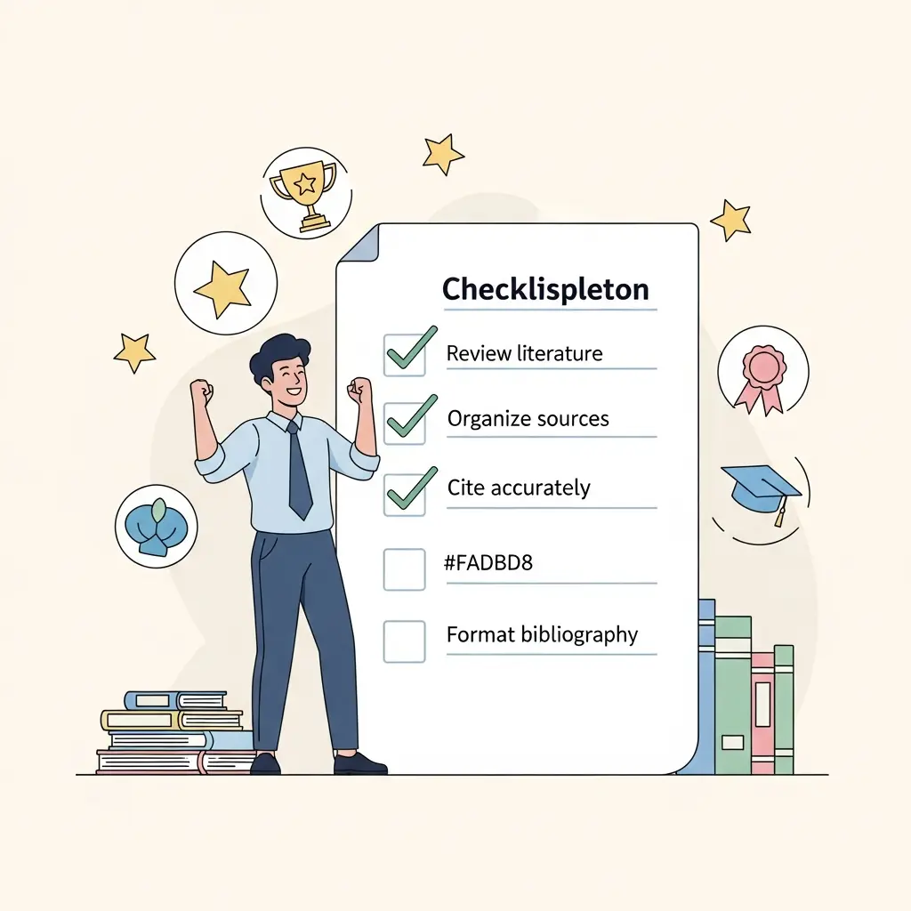 Étudiant victorieux avec une checklist bibliographique complète — le succès académique