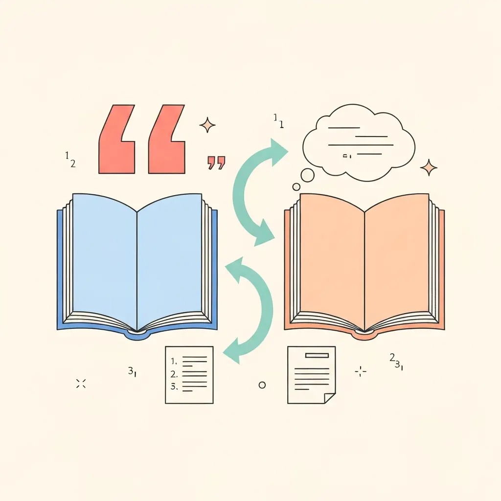 Techniques de citation et paraphrase en écriture médicale : livres ouverts avec flèches de flux d'information, guillemets et liste de références