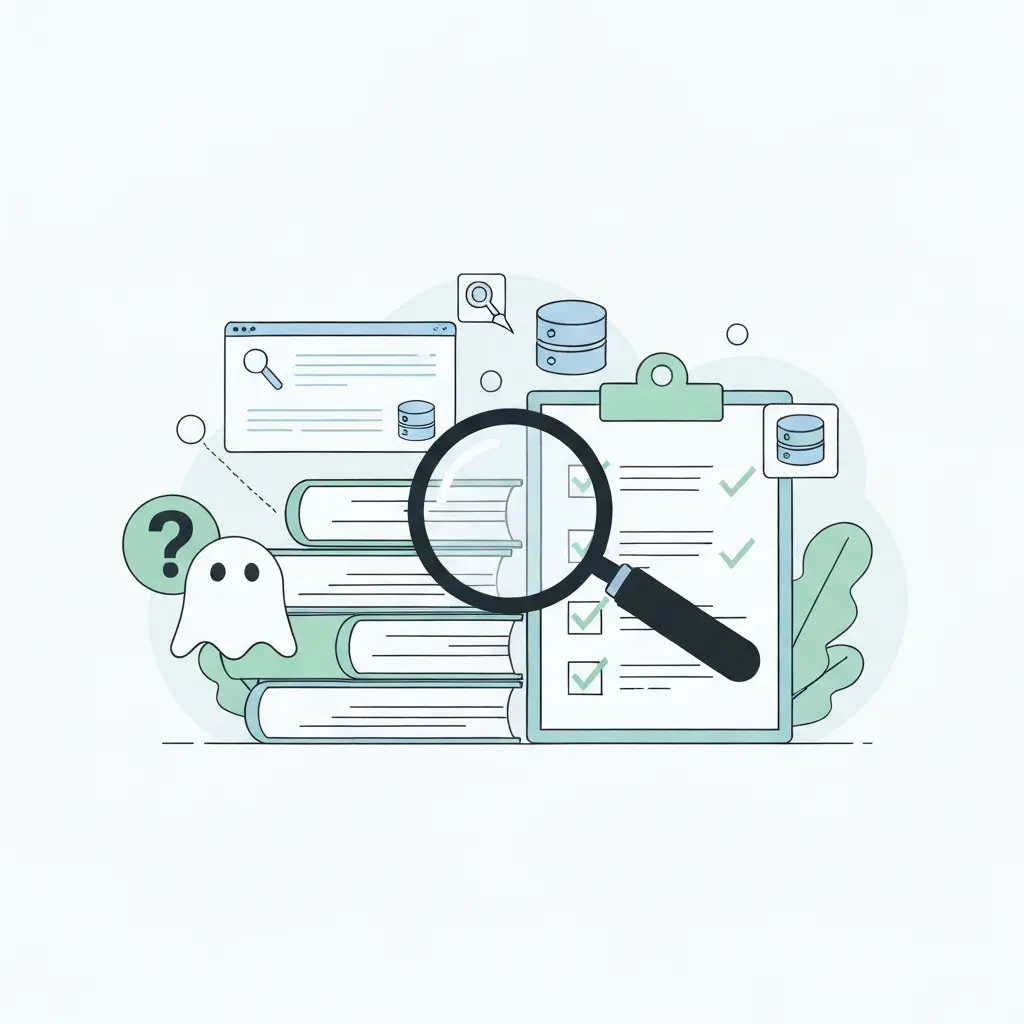 Processus de vérification des citations académiques avec loupe, livres et checklist symbolisant la détection des références fantômes