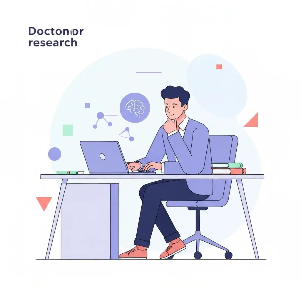 Un doctorant réfléchissant devant son ordinateur, entouré de symboles représentant l'intelligence artificielle et la documentation éthique