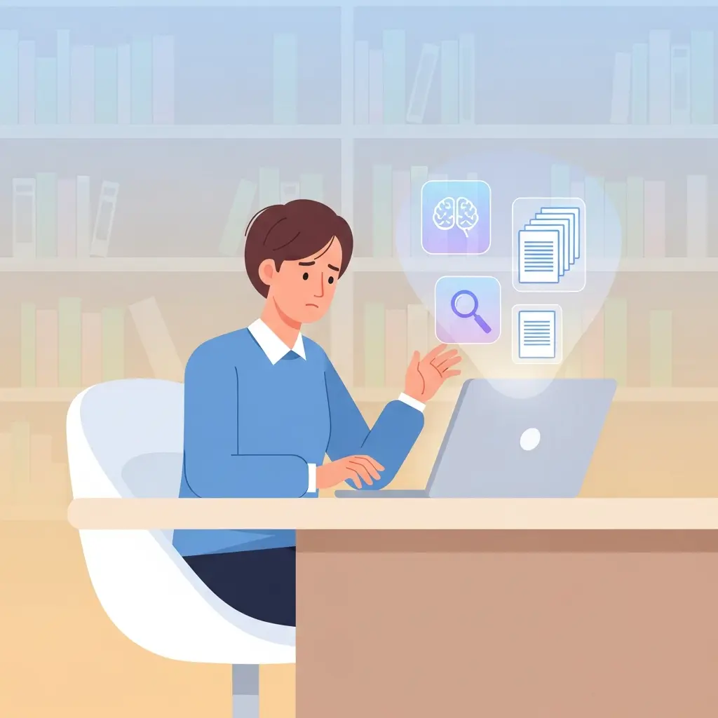 Un doctorant travaillant discrètement sur son ordinateur avec des icônes d'IA flottantes