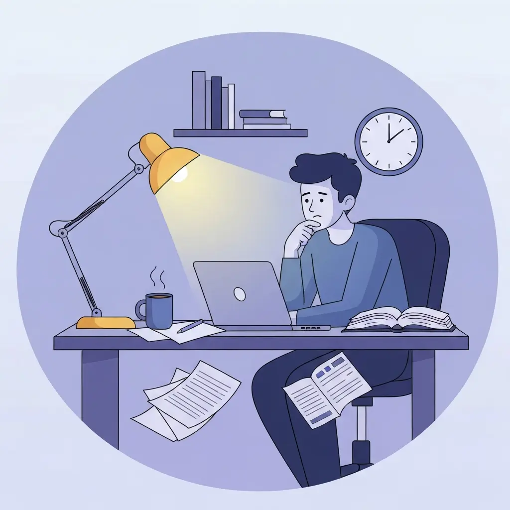 Doctorant travaillant tard la nuit devant son ordinateur, moment de réflexion sur l'utilisation des outils IA