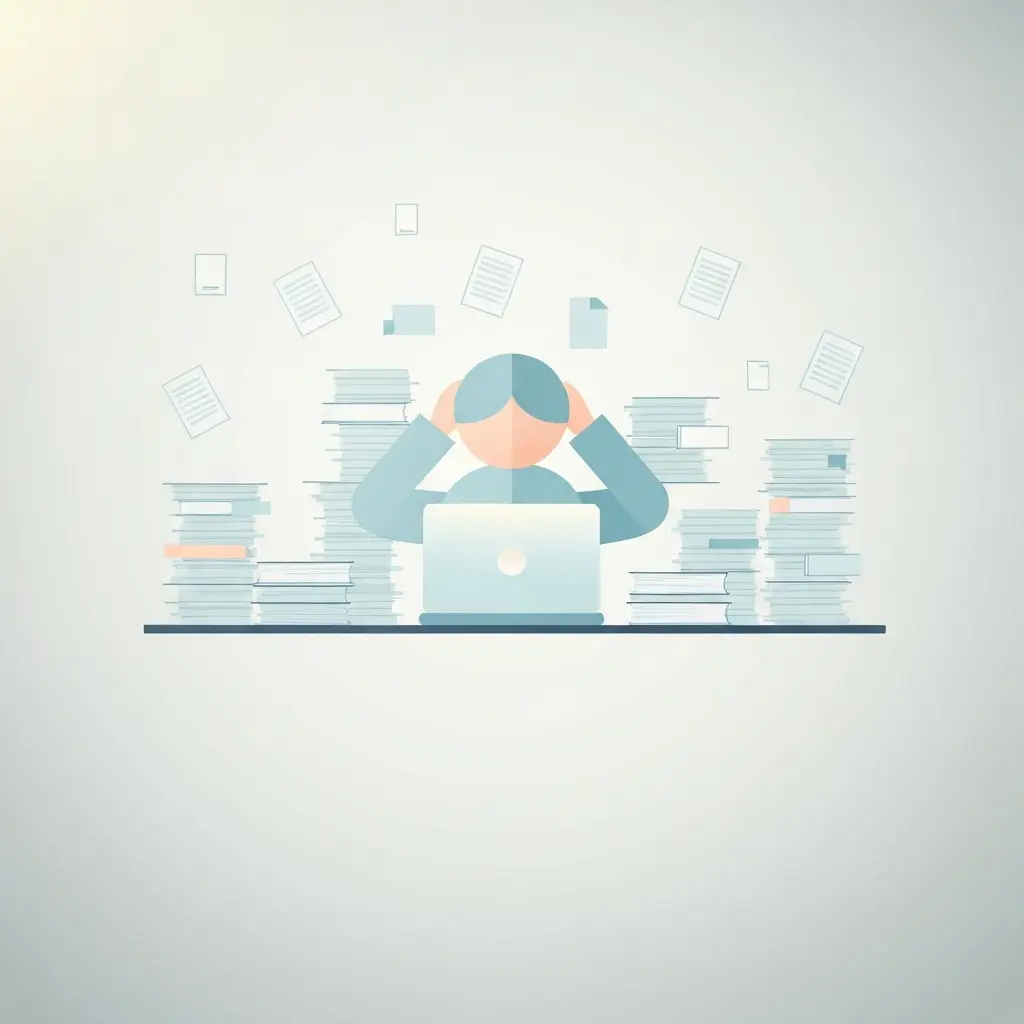 Doctorant submergé par des piles d'articles de recherche