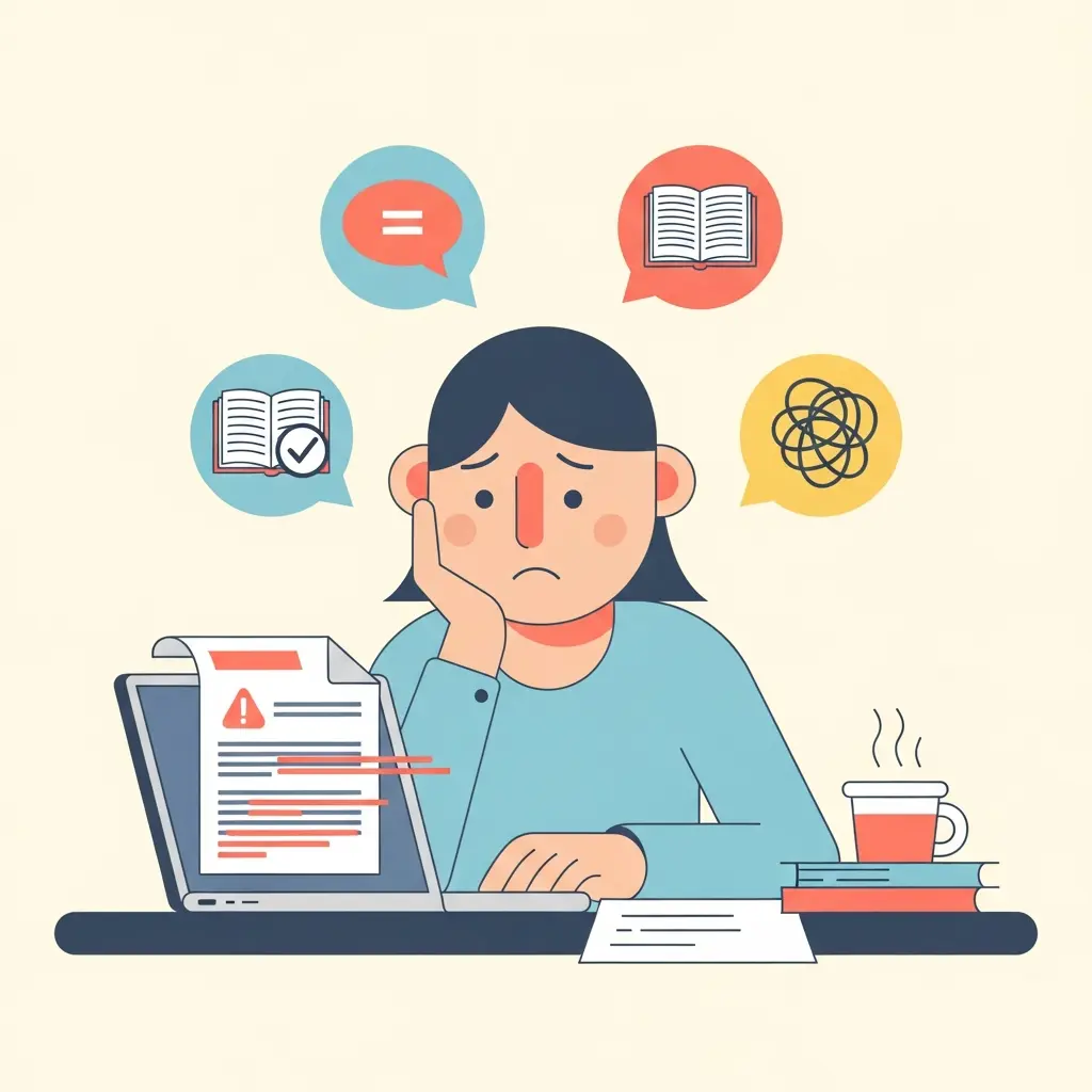 Illustration d'un doctorant inquiet face aux erreurs de paraphrase sur son écran