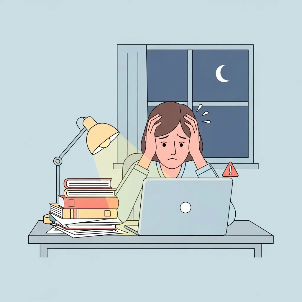 Doctorant stressé devant son écran d'ordinateur tard dans la nuit, découvrant un taux de similarité inquiétant