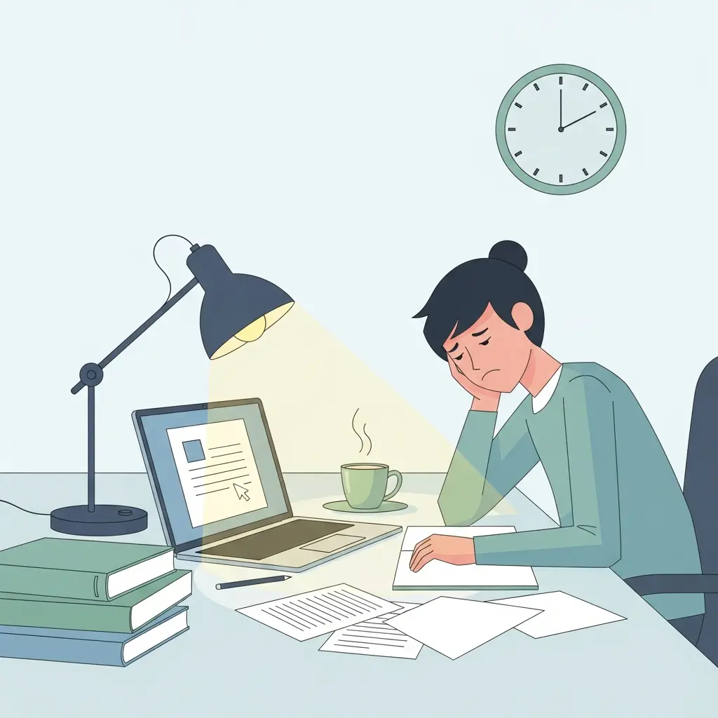 Doctorant stressé devant son écran tard le soir, illustrant le syndrome de la page blanche