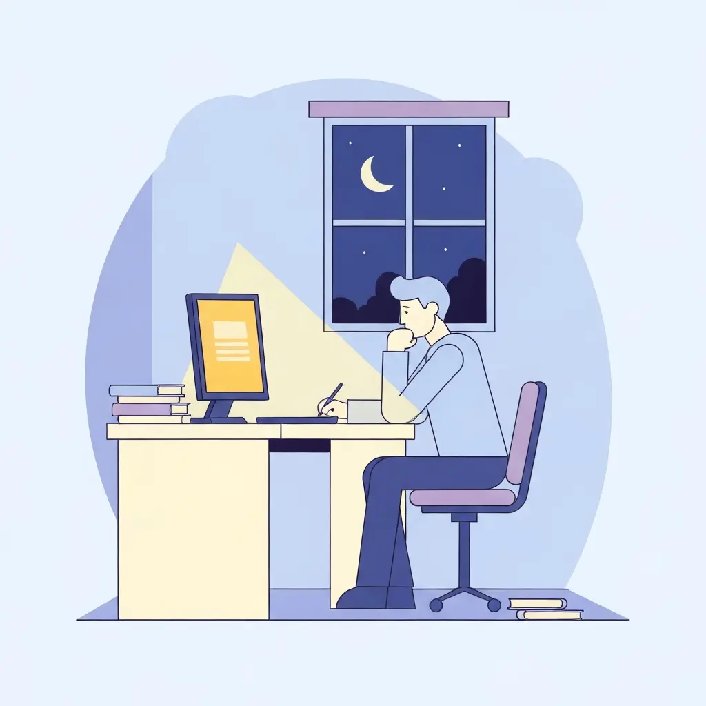 Doctorant seul devant son écran, tard dans la nuit, illustrant la solitude et l'incertitude du travail académique