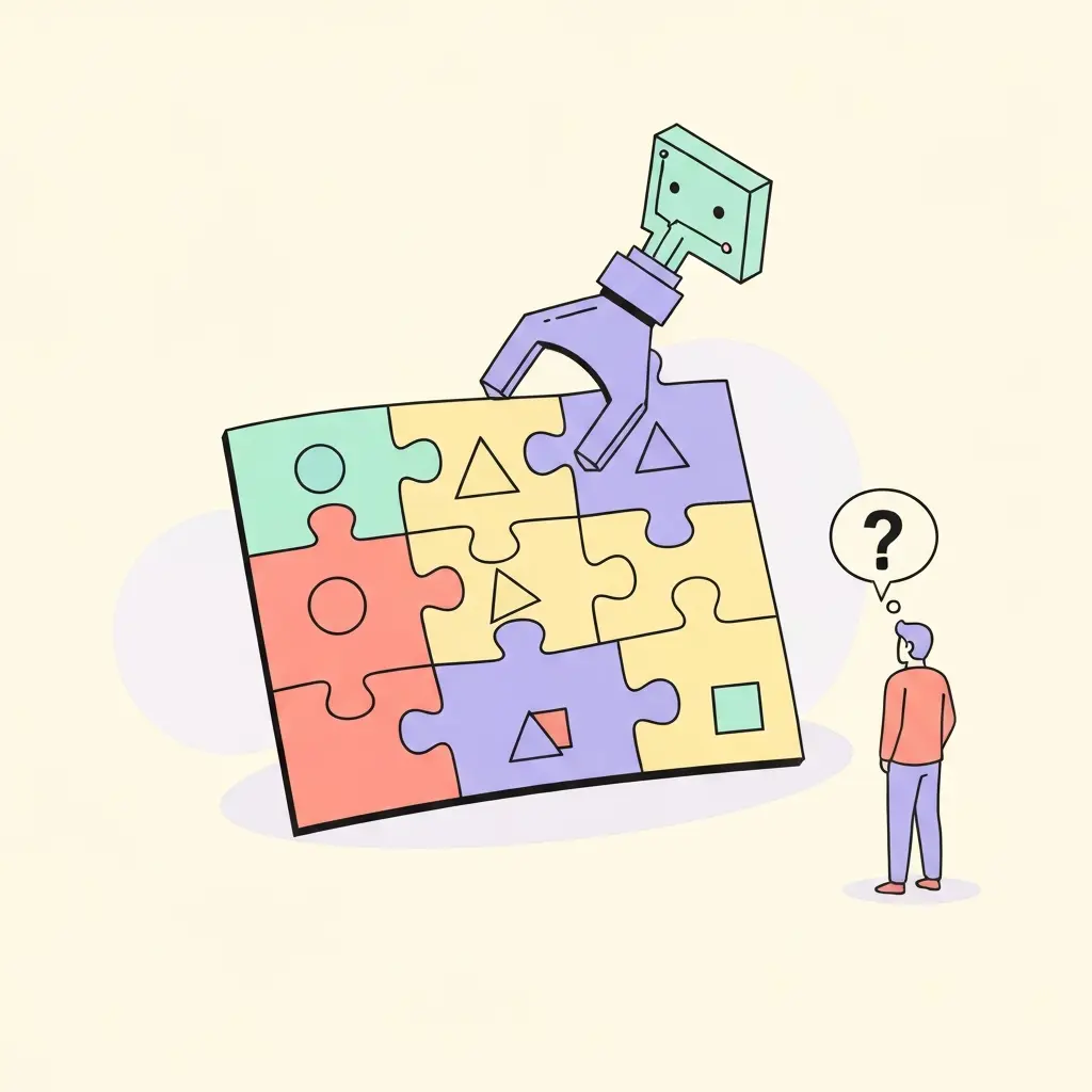 Puzzle avec des pièces incompatibles assemblées par une IA, symbolisant l'incompréhension des cadres théoriques