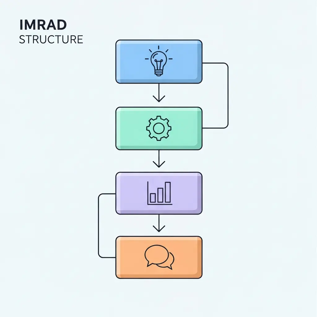 Schéma de la structure IMRAD montrant les quatre sections : Introduction, Méthodes, Résultats et Discussion