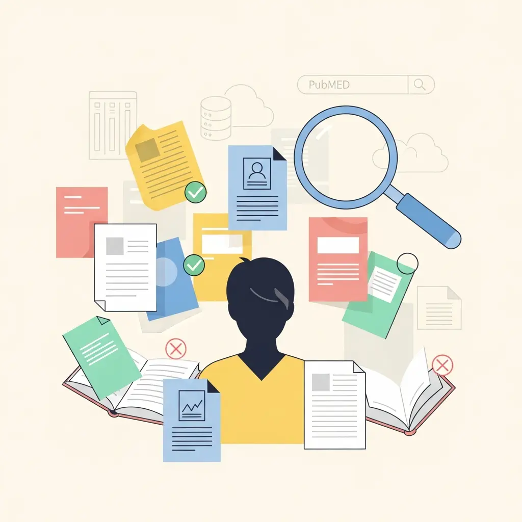 Illustration d'une revue de littérature méthodique avec documents et loupe symbolisant la recherche systématique