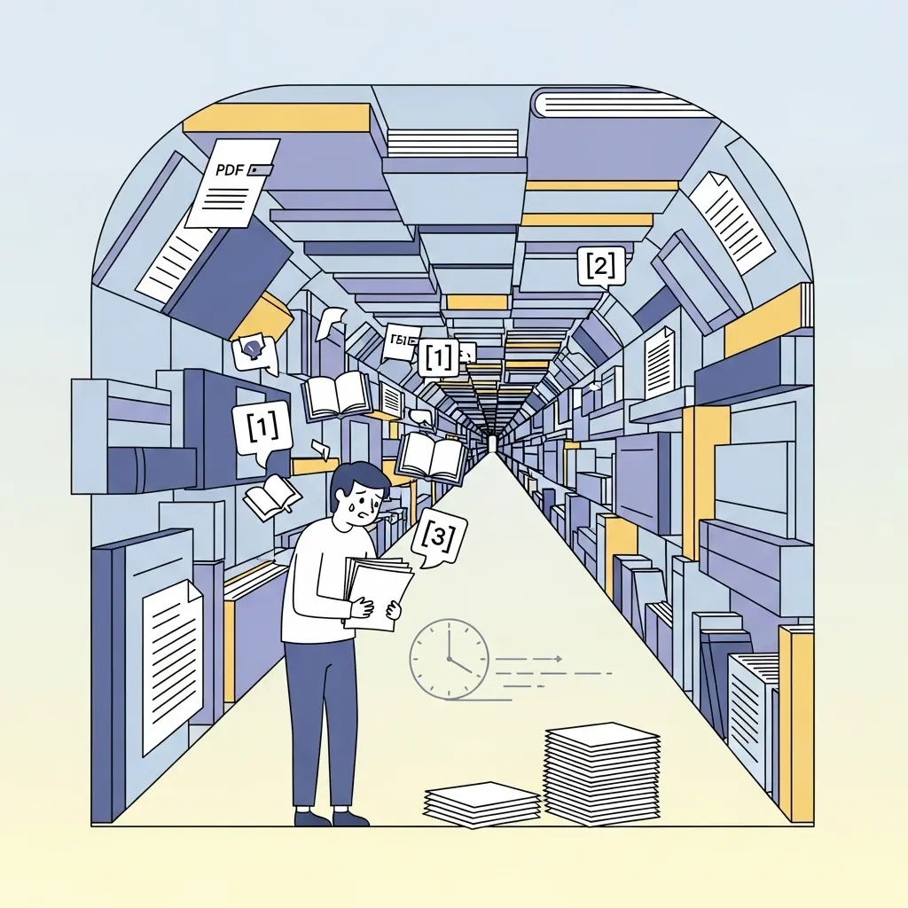 Doctorant face à un tunnel infini de lectures académiques