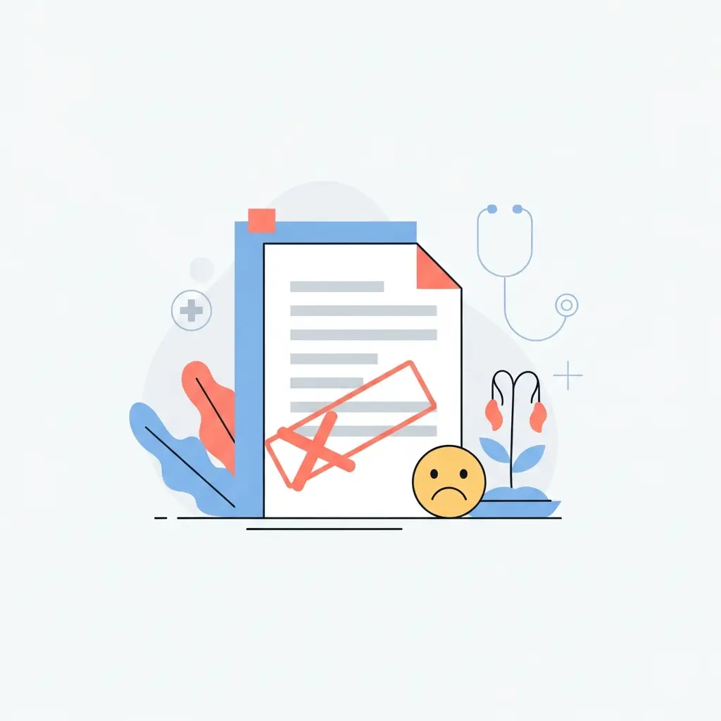Illustration représentant le rejet d'un manuscrit médical avec un document marqué d'une croix rouge