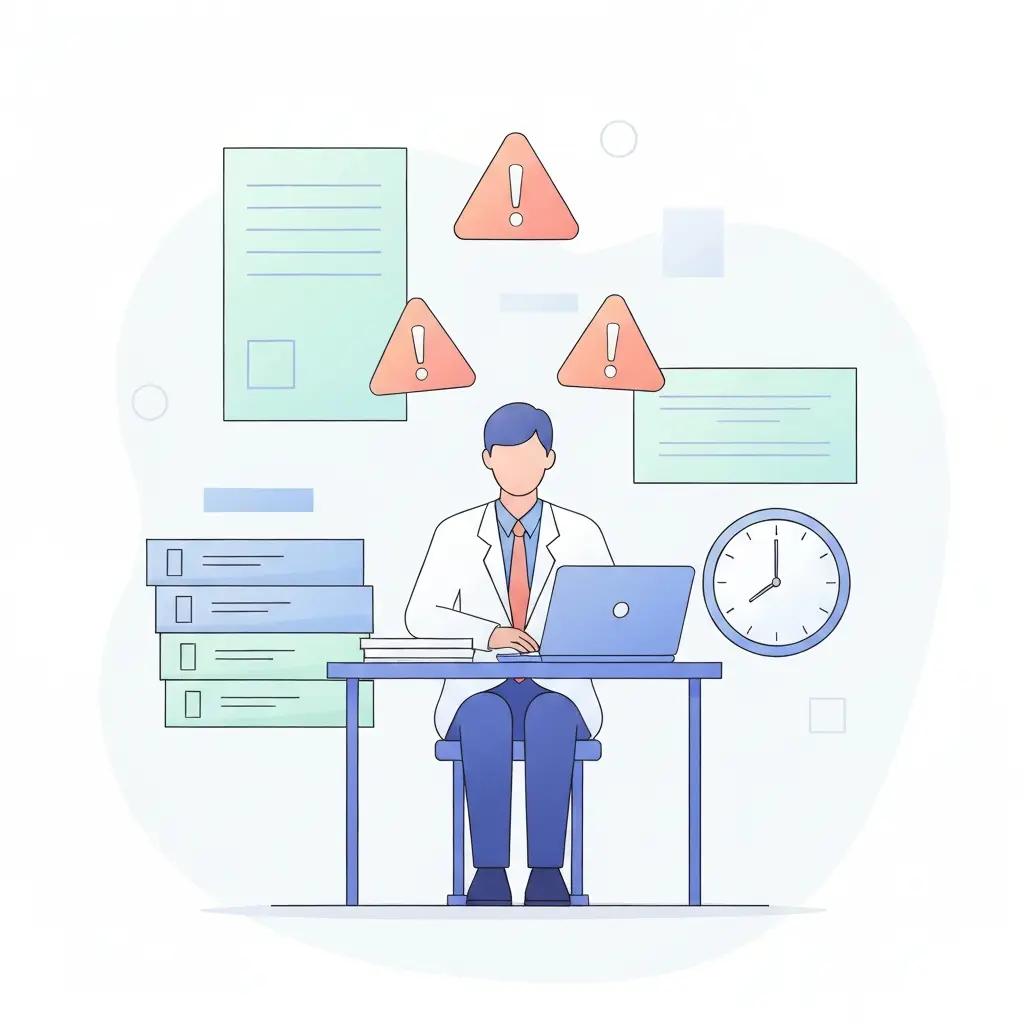 Illustration des risques de plagiat pour les thèses de médecine : étudiant sous pression temporelle entouré de documents médicaux et signaux d'alerte