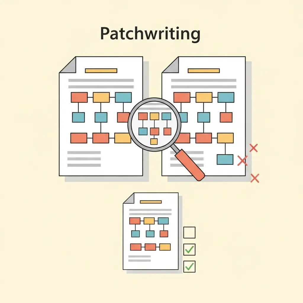 Illustration du patchwriting montrant deux documents avec la même structure mais des mots différents