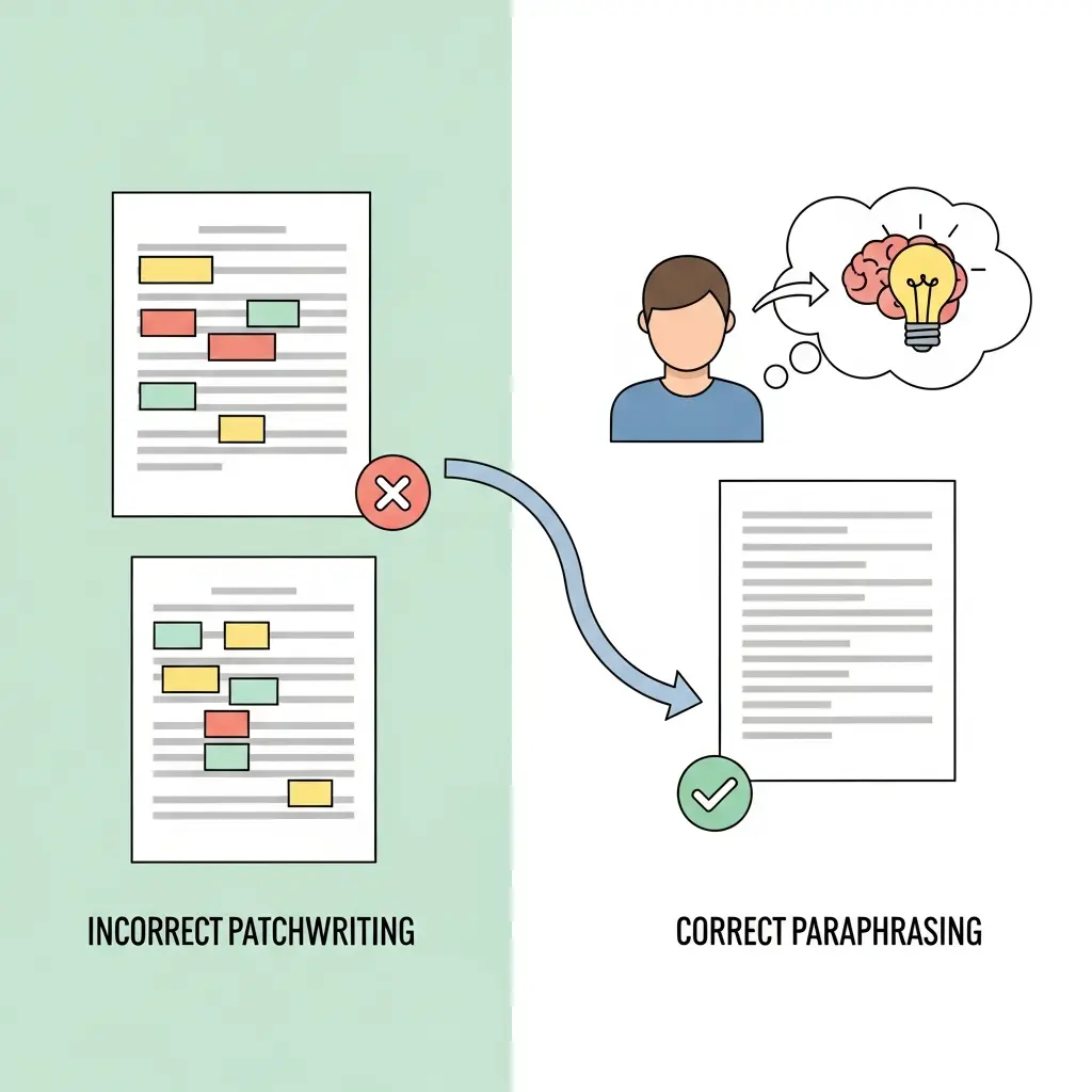 Comparaison visuelle entre le patchwriting (mauvaise pratique) et la vraie paraphrase (bonne pratique)