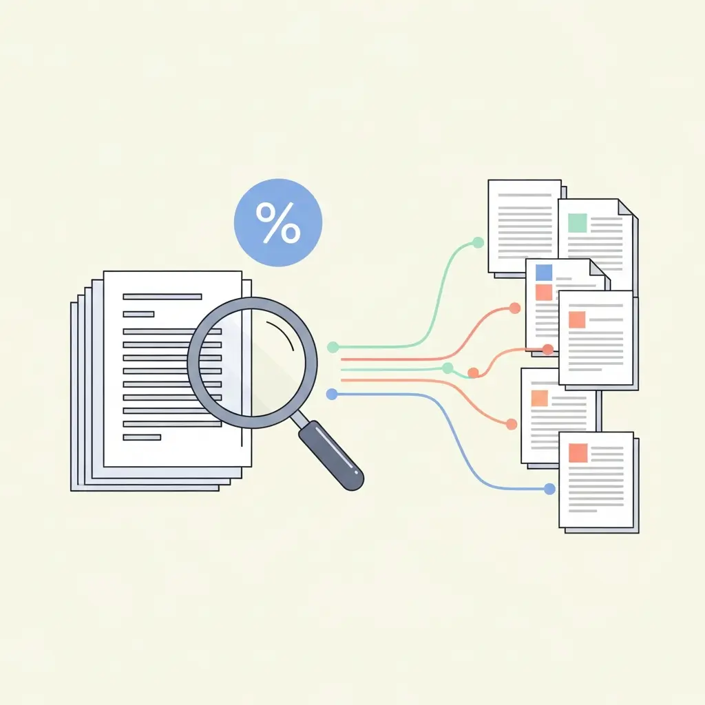 Illustration du concept de détection de similarité versus plagiat - un document analysé avec des connexions vers une base de données