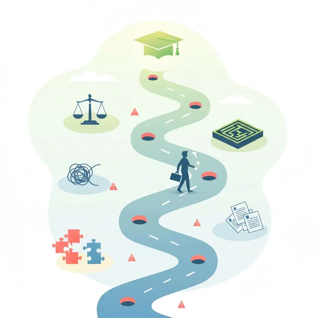 Parcours doctoral avec sept obstacles représentant les erreurs courantes