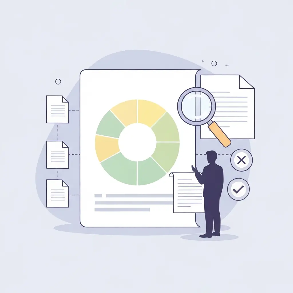 Analyse qualitative d'un rapport de similarité : document avec indicateur de pourcentage, loupe d'analyse et distinction entre correspondances légitimes et problématiques