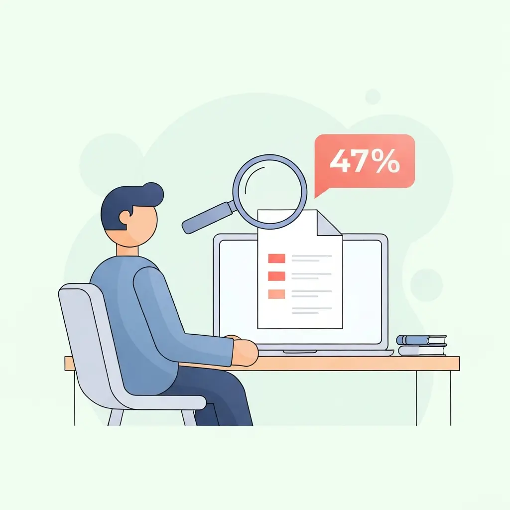 Illustration d'un étudiant découvrant un taux de plagiat élevé sur son écran d'ordinateur